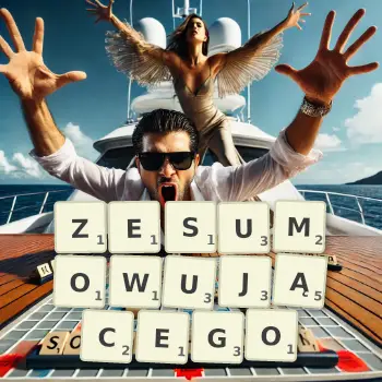 Kreatywna ilustracja do gry w Scrabble ze słowem ZESUMOWUJĄCEGO ułożonym z płytek na planszy.