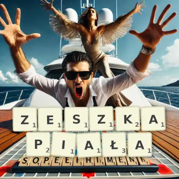 Kreatywna ilustracja do gry w Scrabble ze słowem ZESZKAPIAŁA ułożonym z płytek na planszy.