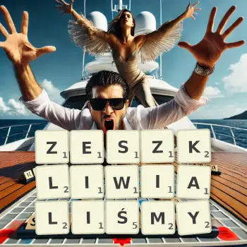 Kreatywna ilustracja do gry w Scrabble ze słowem ZESZKLIWIALIŚMY ułożonym z płytek na planszy.