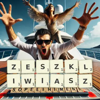 Kreatywna ilustracja do gry w Scrabble ze słowem ZESZKLIWIASZ ułożonym z płytek na planszy.