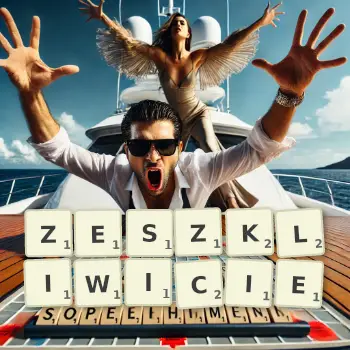Kreatywna ilustracja do gry w Scrabble ze słowem ZESZKLIWICIE ułożonym z płytek na planszy.
