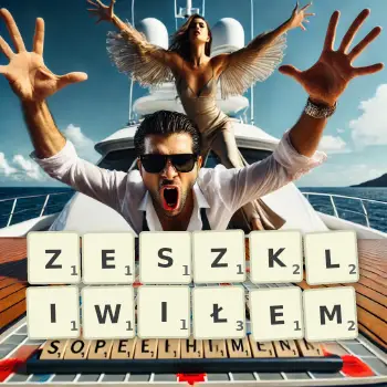 Kreatywna ilustracja do gry w Scrabble ze słowem ZESZKLIWIŁEM ułożonym z płytek na planszy.