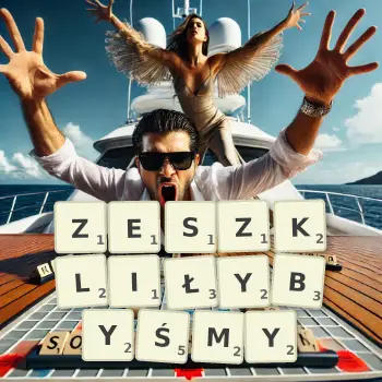 Kreatywna ilustracja do gry w Scrabble ze słowem ZESZKLIŁYBYŚMY ułożonym z płytek na planszy.