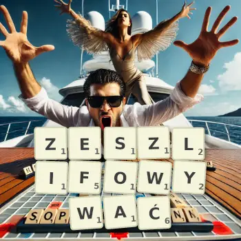 Kreatywna ilustracja do gry w Scrabble ze słowem ZESZLIFOWYWAĆ ułożonym z płytek na planszy.
