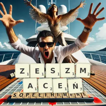 Kreatywna ilustracja do gry w Scrabble ze słowem ZESZMACEŃ ułożonym z płytek na planszy.