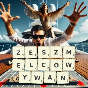 Kreatywna ilustracja do gry w Scrabble ze słowem ZESZMELCOWYWAŃ ułożonym z płytek na planszy.