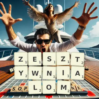 Kreatywna ilustracja do gry w Scrabble ze słowem ZESZTYWNIALOM ułożonym z płytek na planszy.