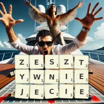Kreatywna ilustracja do gry w Scrabble ze słowem ZESZTYWNIEJECIE ułożonym z płytek na planszy.