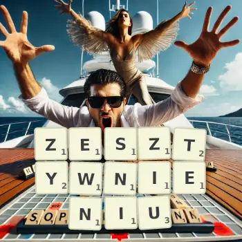 Kreatywna ilustracja do gry w Scrabble ze słowem ZESZTYWNIENIU ułożonym z płytek na planszy.