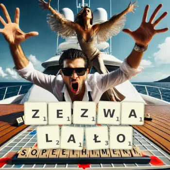 Kreatywna ilustracja do gry w Scrabble ze słowem ZEZWALAŁO ułożonym z płytek na planszy.