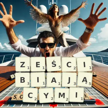 Kreatywna ilustracja do gry w Scrabble ze słowem ZEŚCIBIAJĄCYMI ułożonym z płytek na planszy.