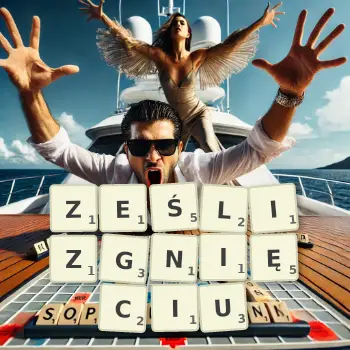 Kreatywna ilustracja do gry w Scrabble ze słowem ZEŚLIZGNIĘCIU ułożonym z płytek na planszy.