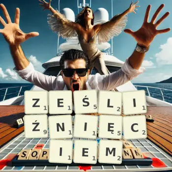 Kreatywna ilustracja do gry w Scrabble ze słowem ZEŚLIŹNIĘCIEM ułożonym z płytek na planszy.