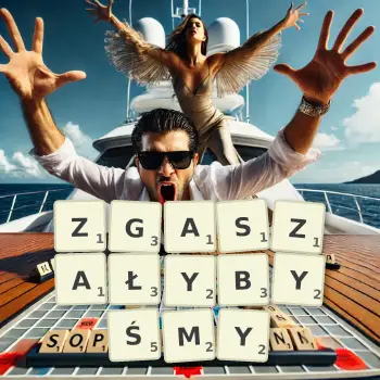 Kreatywna ilustracja do gry w Scrabble ze słowem ZGASZAŁYBYŚMY ułożonym z płytek na planszy.