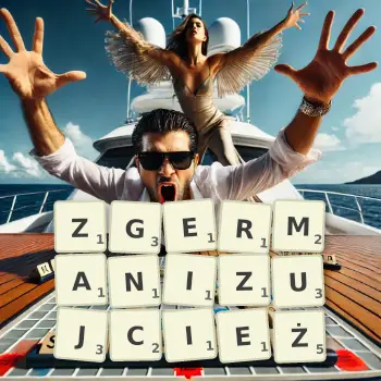 Kreatywna ilustracja do gry w Scrabble ze słowem ZGERMANIZUJCIEŻ ułożonym z płytek na planszy.