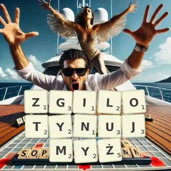 Kreatywna ilustracja do gry w Scrabble ze słowem ZGILOTYNUJMYŻ ułożonym z płytek na planszy.