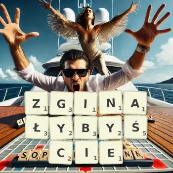 Kreatywna ilustracja do gry w Scrabble ze słowem ZGINAŁYBYŚCIE ułożonym z płytek na planszy.