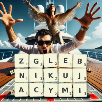 Kreatywna ilustracja do gry w Scrabble ze słowem ZGLEBNIKUJACYMI ułożonym z płytek na planszy.
