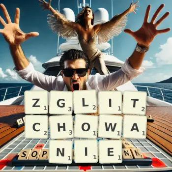 Kreatywna ilustracja do gry w Scrabble ze słowem ZGLITCHOWANIE ułożonym z płytek na planszy.