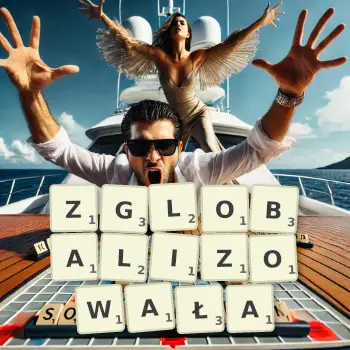 Kreatywna ilustracja do gry w Scrabble ze słowem ZGLOBALIZOWAŁA ułożonym z płytek na planszy.