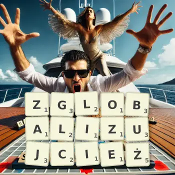 Kreatywna ilustracja do gry w Scrabble ze słowem ZGLOBALIZUJCIEŻ ułożonym z płytek na planszy.