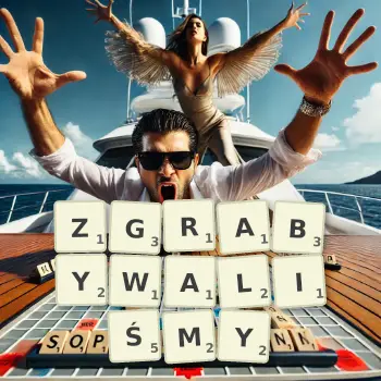 Kreatywna ilustracja do gry w Scrabble ze słowem ZGRABYWALIŚMY ułożonym z płytek na planszy.