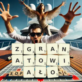 Kreatywna ilustracja do gry w Scrabble ze słowem ZGRANATOWIAŁO ułożonym z płytek na planszy.