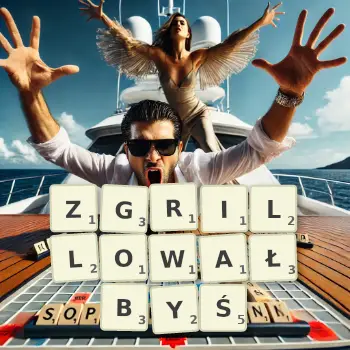 Kreatywna ilustracja do gry w Scrabble ze słowem ZGRILLOWAŁBYŚ ułożonym z płytek na planszy.