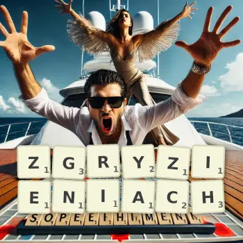 Kreatywna ilustracja do gry w Scrabble ze słowem ZGRYZIENIACH ułożonym z płytek na planszy.