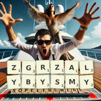 Kreatywna ilustracja do gry w Scrabble ze słowem ZGRZALYBYSMY ułożonym z płytek na planszy.