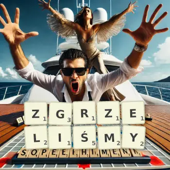 Kreatywna ilustracja do gry w Scrabble ze słowem ZGRZELIŚMY ułożonym z płytek na planszy.