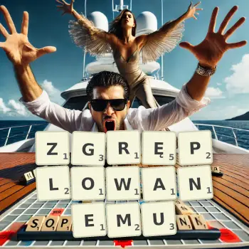 Kreatywna ilustracja do gry w Scrabble ze słowem ZGRĘPLOWANEMU ułożonym z płytek na planszy.
