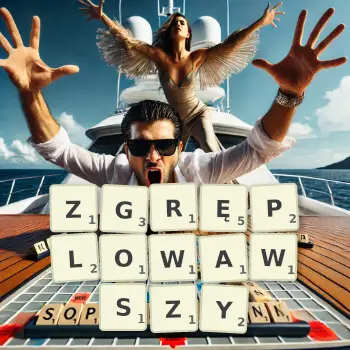 Kreatywna ilustracja do gry w Scrabble ze słowem ZGRĘPLOWAWSZY ułożonym z płytek na planszy.