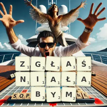 Kreatywna ilustracja do gry w Scrabble ze słowem ZGŁAŚNIAŁABYM ułożonym z płytek na planszy.