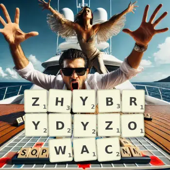 Kreatywna ilustracja do gry w Scrabble ze słowem ZHYBRYDYZOWAC ułożonym z płytek na planszy.