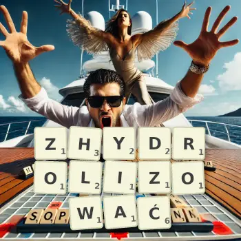 Kreatywna ilustracja do gry w Scrabble ze słowem ZHYDROLIZOWAĆ ułożonym z płytek na planszy.