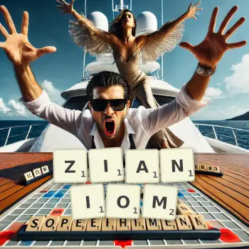 Kreatywna ilustracja do gry w Scrabble ze słowem ZIANIOM ułożonym z płytek na planszy.