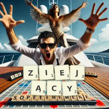 Kreatywna ilustracja do gry w Scrabble ze słowem ZIEJĄCY ułożonym z płytek na planszy.
