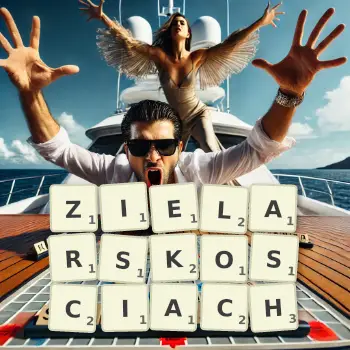 Kreatywna ilustracja do gry w Scrabble ze słowem ZIELARSKOSCIACH ułożonym z płytek na planszy.