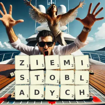 Kreatywna ilustracja do gry w Scrabble ze słowem ZIEMISTOBLADYCH ułożonym z płytek na planszy.
