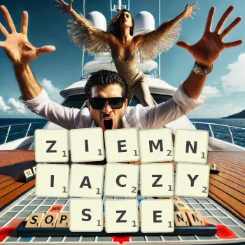 Kreatywna ilustracja do gry w Scrabble ze słowem ZIEMNIACZYSZE ułożonym z płytek na planszy.