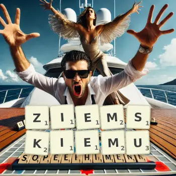 Kreatywna ilustracja do gry w Scrabble ze słowem ZIEMSKIEMU ułożonym z płytek na planszy.