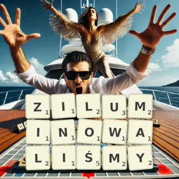 Kreatywna ilustracja do gry w Scrabble ze słowem ZILUMINOWALIŚMY ułożonym z płytek na planszy.