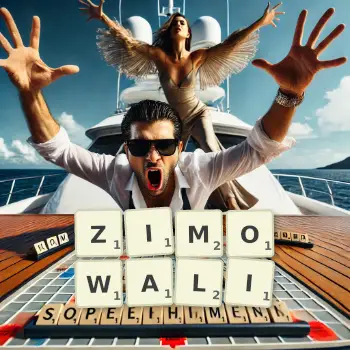 Kreatywna ilustracja do gry w Scrabble ze słowem ZIMOWALI ułożonym z płytek na planszy.