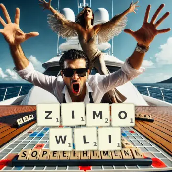 Kreatywna ilustracja do gry w Scrabble ze słowem ZIMOWLI ułożonym z płytek na planszy.