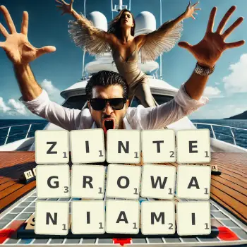 Kreatywna ilustracja do gry w Scrabble ze słowem ZINTEGROWANIAMI ułożonym z płytek na planszy.
