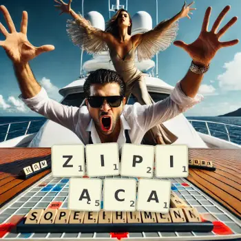 Kreatywna ilustracja do gry w Scrabble ze słowem ZIPIĄCA ułożonym z płytek na planszy.