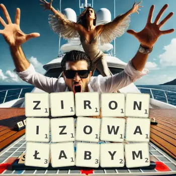 Kreatywna ilustracja do gry w Scrabble ze słowem ZIRONIZOWAŁABYM ułożonym z płytek na planszy.