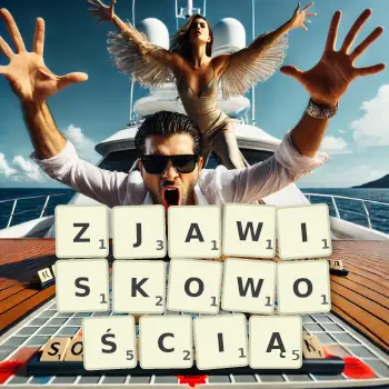 Kreatywna ilustracja do gry w Scrabble ze słowem ZJAWISKOWOŚCIĄ ułożonym z płytek na planszy.