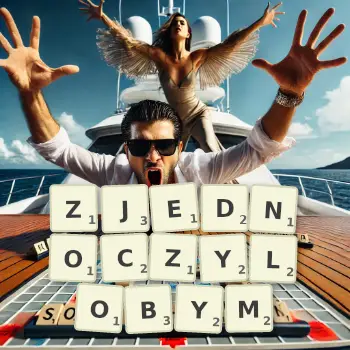 Kreatywna ilustracja do gry w Scrabble ze słowem ZJEDNOCZYLOBYM ułożonym z płytek na planszy.